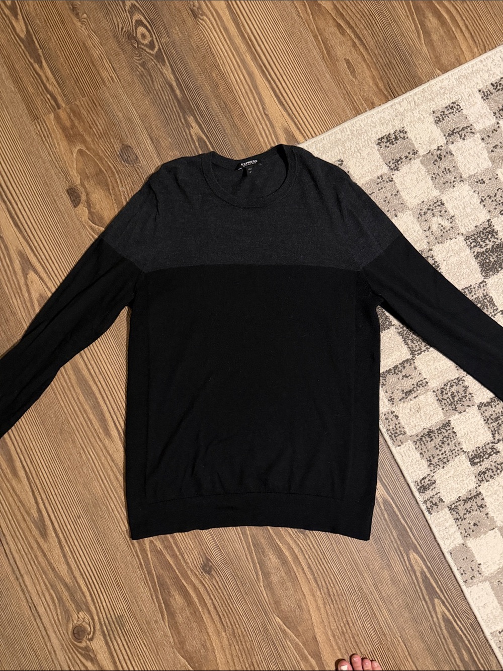 Express Men’s Two-Tone Black and Charcoal Crewneck Sweater